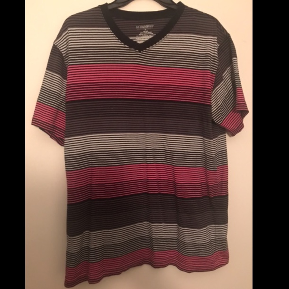 Pink, black, and gray striped v-neck t-shirt